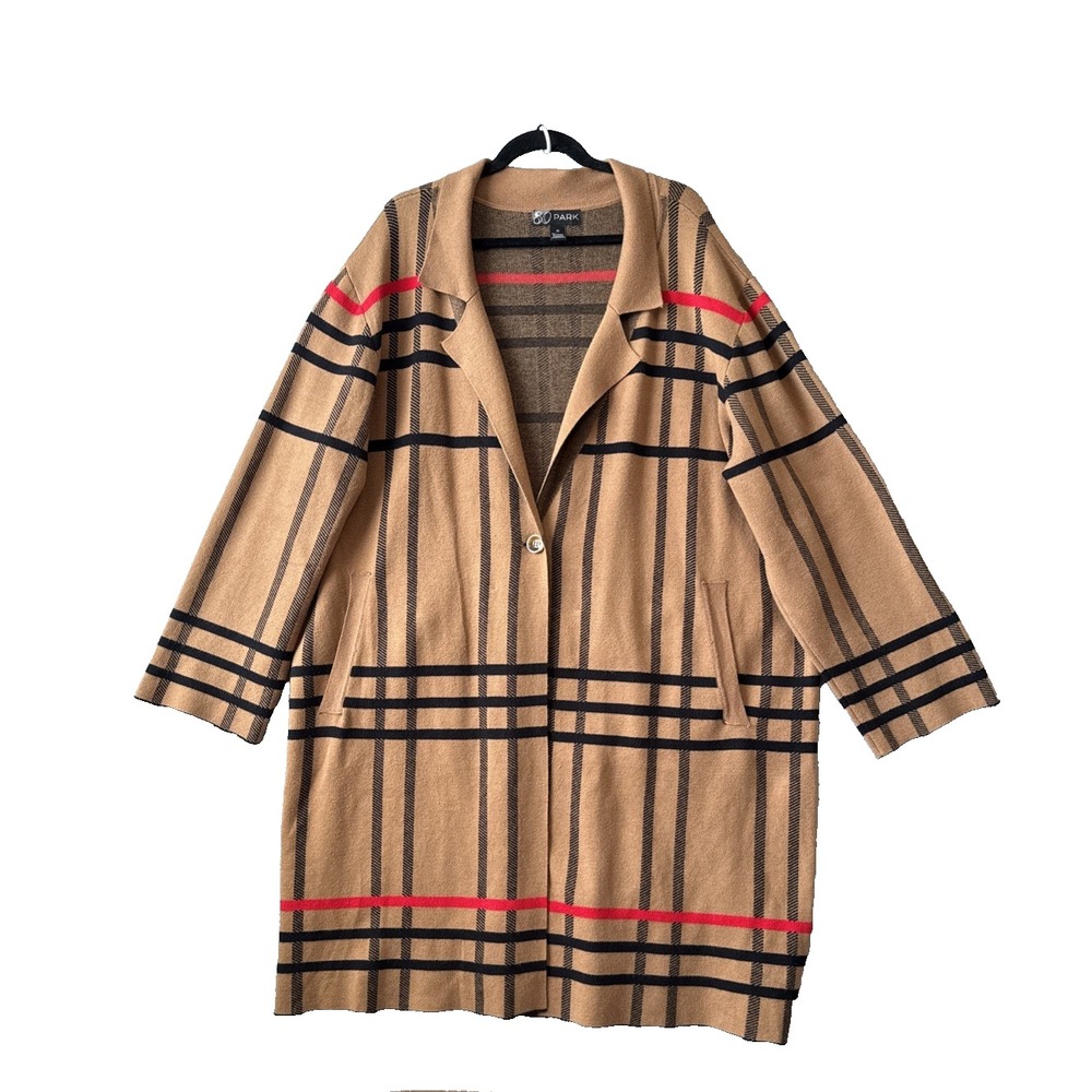 80 Park Plaid Coatigan Sweater Jacket 3X Brown Checkered Duster Cardigan Preppy
